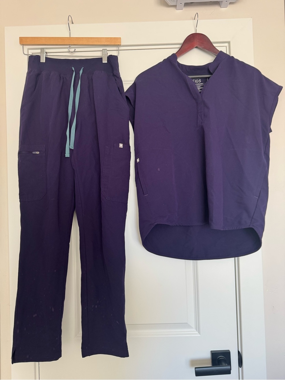 Figs Women's Deep Purple Scrub Top & Jogger Pants Set with Teal Drawstrings